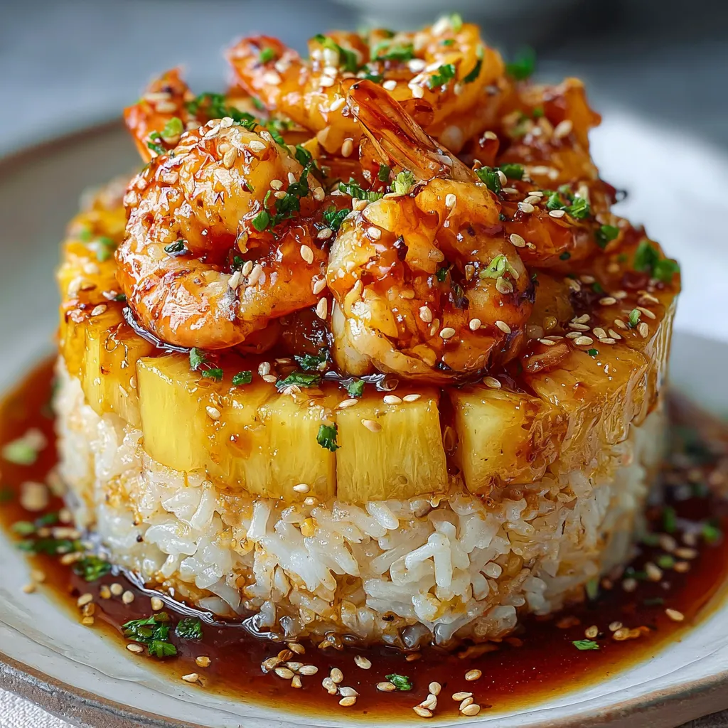 A stack of rice with shrimp and pineapple on top.
