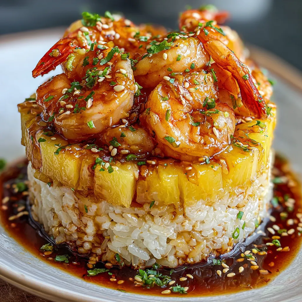 A plate of food with shrimp, rice, and pineapple.