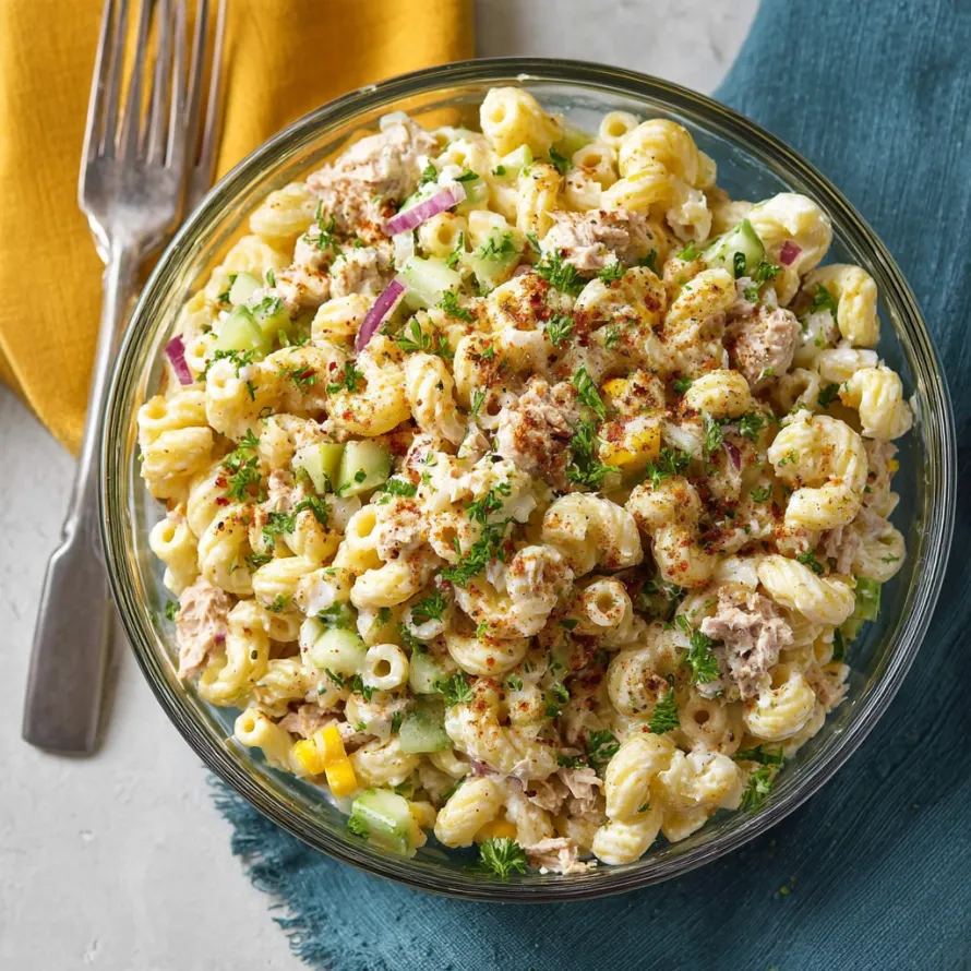 A bowl of macaroni salad with tuna.