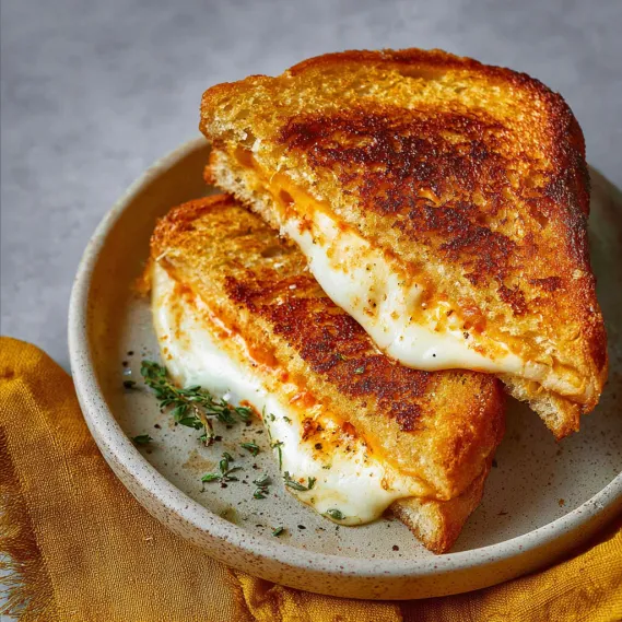 A grilled cheese sandwich with melted cheese and herbs on top.