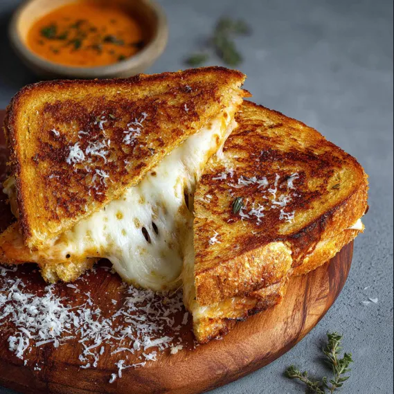 A grilled cheese sandwich with a bowl of sauce on the side.