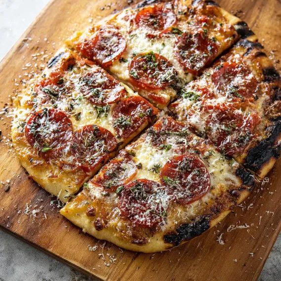 A pizza with pepperoni and cheese on a wooden board.