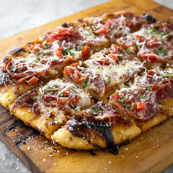 A delicious grilled pizza with tomatoes and cheese.