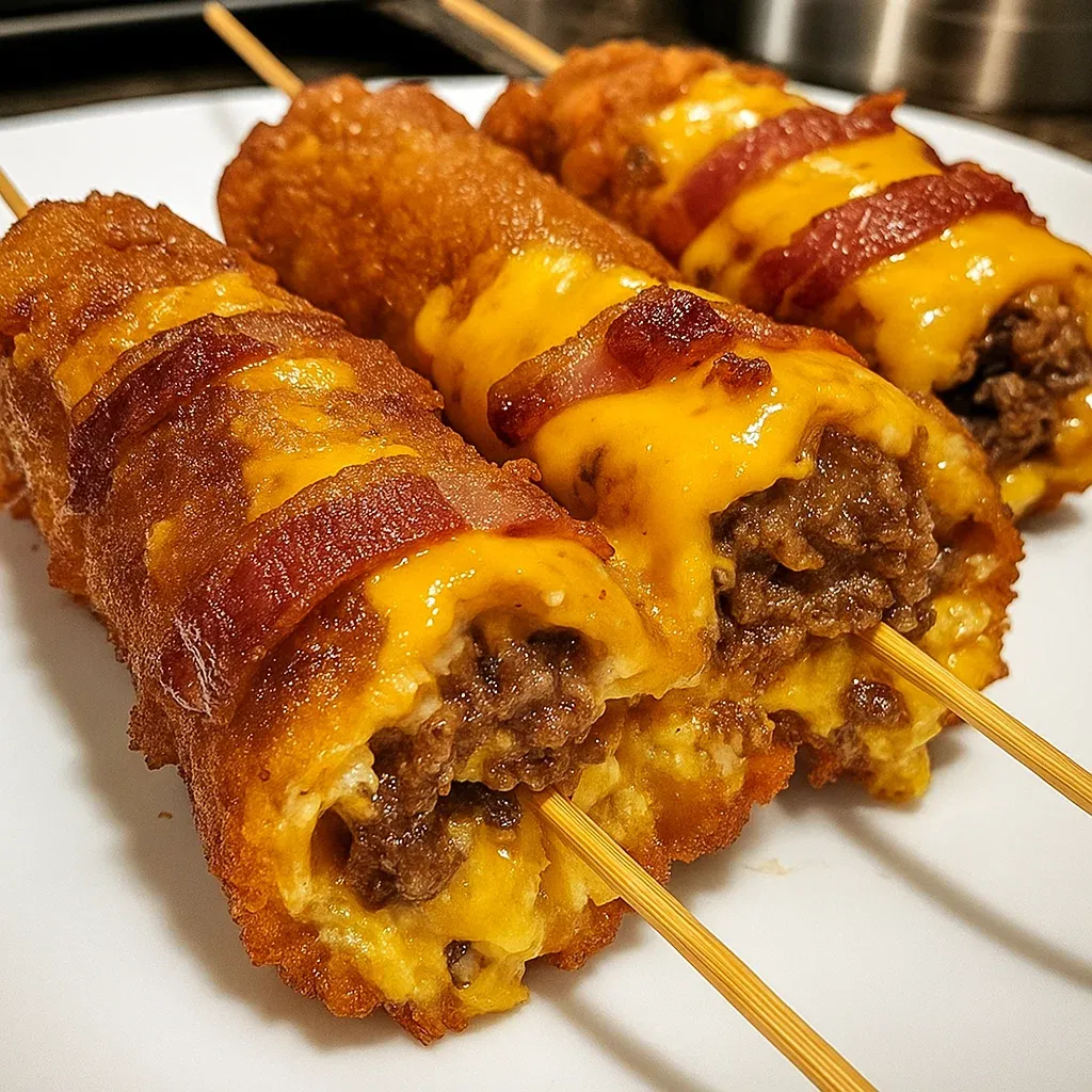 Three deep-fried bacon cheeseburger corn dogs on a plate.