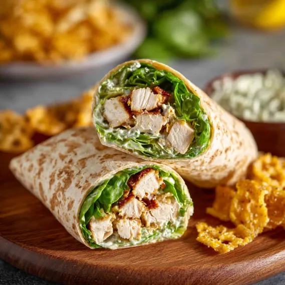 A chicken wrap with lettuce and cheese.