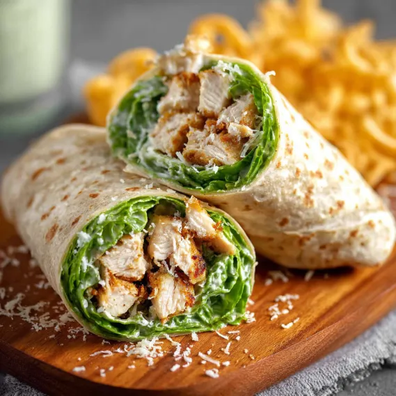 A chicken wrap with lettuce and cheese.