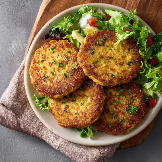 A plate of food with a salad and some squash patties.