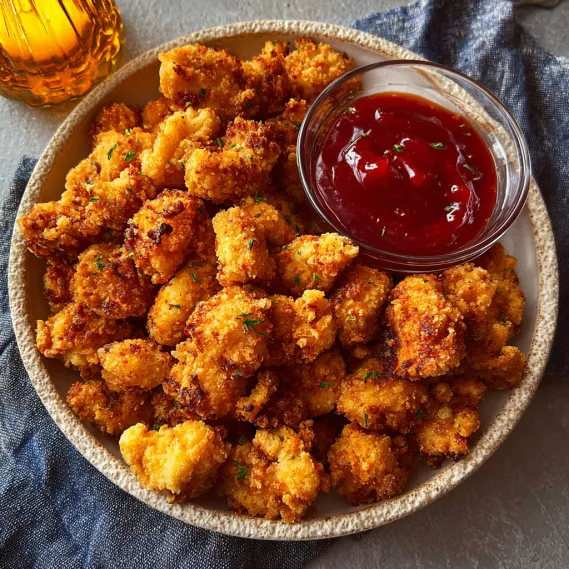 A bowl of popcorn chicken with ketchup.