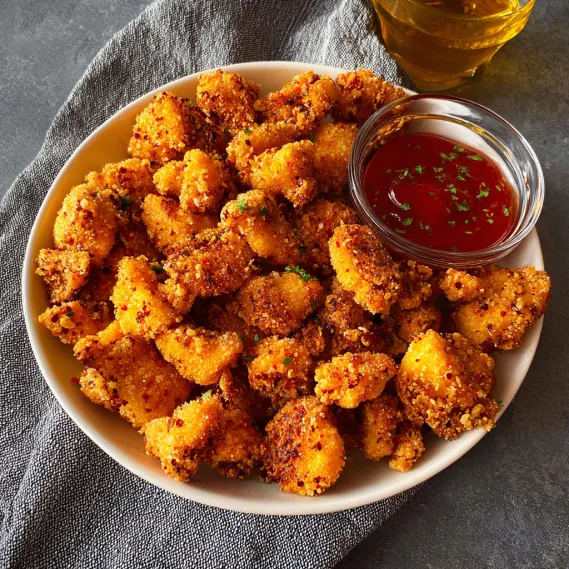 A bowl of popcorn chicken with a dipping sauce.