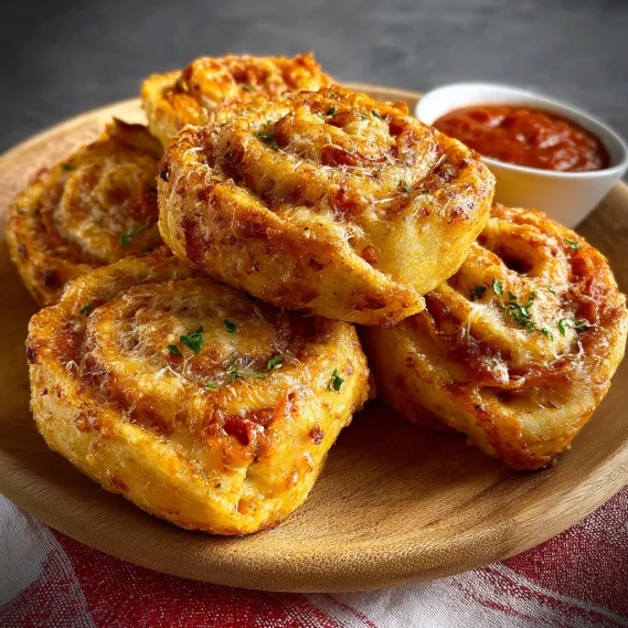 A plate of pizza rolls with sauce.