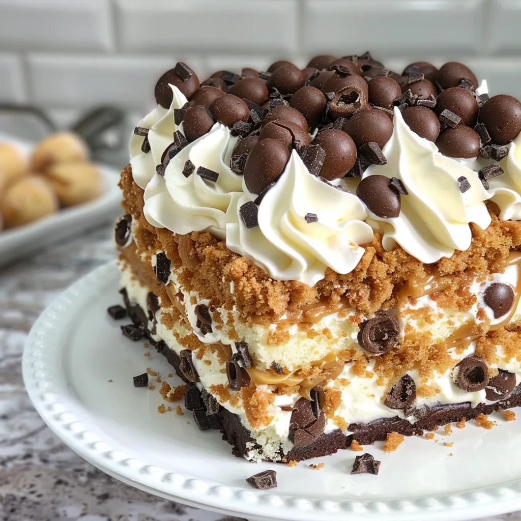 A layered cannoli cake with white frosting and chocolate chips.