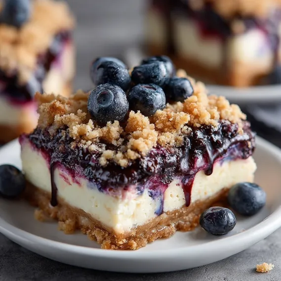A slice of blueberry crisp cheesecake bars.