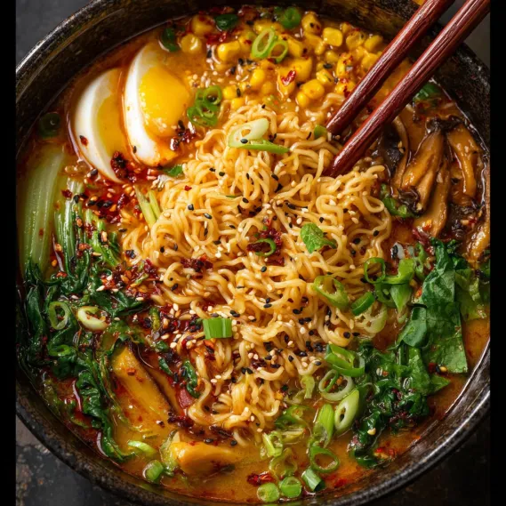 A bowl of spicy vegan ramen with noodles, eggs, and vegetables.