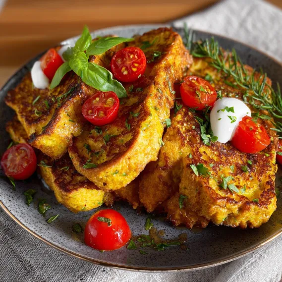 A plate of spiced savory vegan french toast.