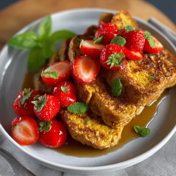 A plate of French toast with strawberries and mint.