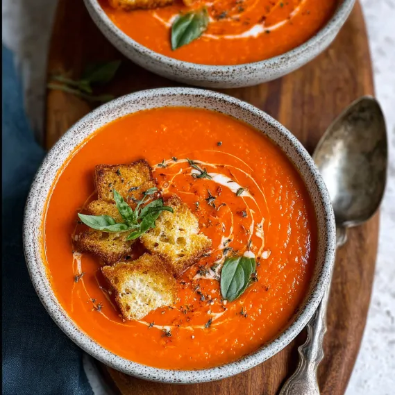 A bowl of tomato soup with a spoon in it.