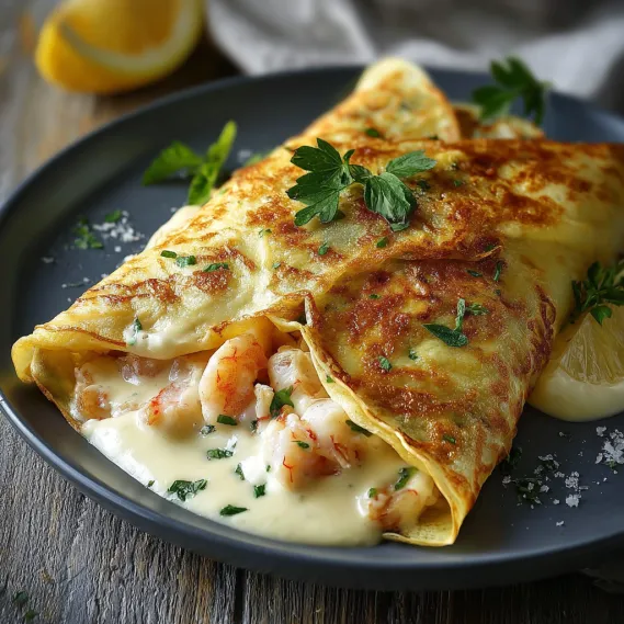 A plate of seafood crepes with a white sauce.