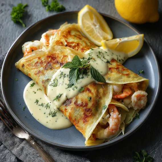 A plate of seafood crepes with a lemon wedge on top.
