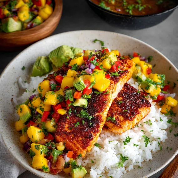 A plate of food with rice and fish.