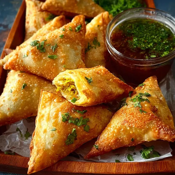 A plate of potato samosas with a dipping sauce.