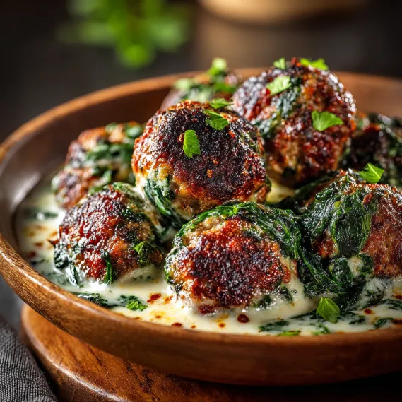 A bowl of meatballs with spinach and garlic.
