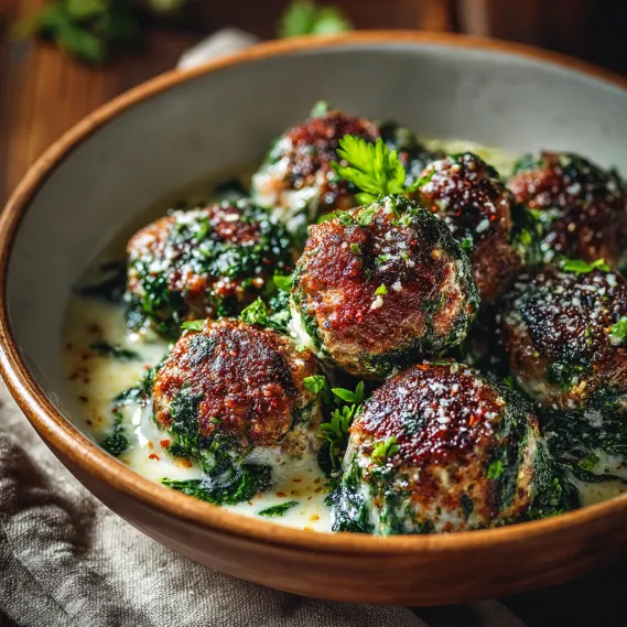 A bowl of meatballs with spinach and garlic.