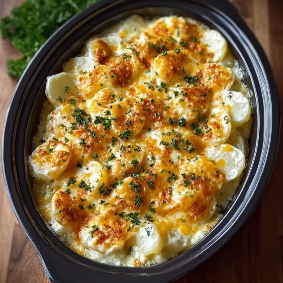 A crockpot filled with scalloped potatoes.