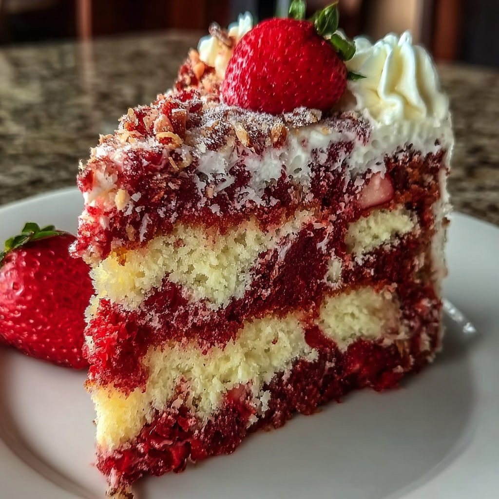 A slice of strawberry earthquake cake.