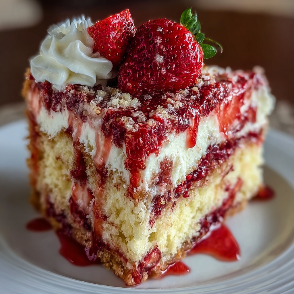 A slice of Strawberry Earthquake Cake.
