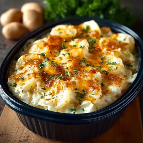A bowl of scalloped potatoes.