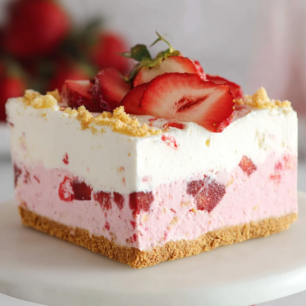 A slice of a no-bake strawberry delight.