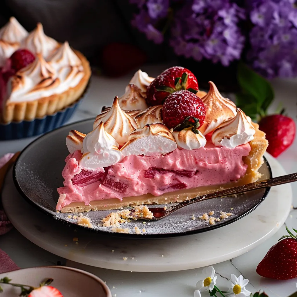 A slice of strawberry cream pie with whipped cream and strawberries.