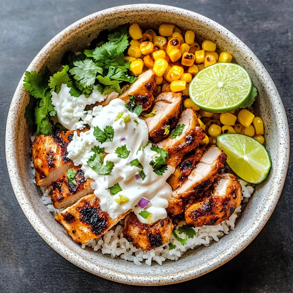 A bowl of food with chicken, rice, and corn.
