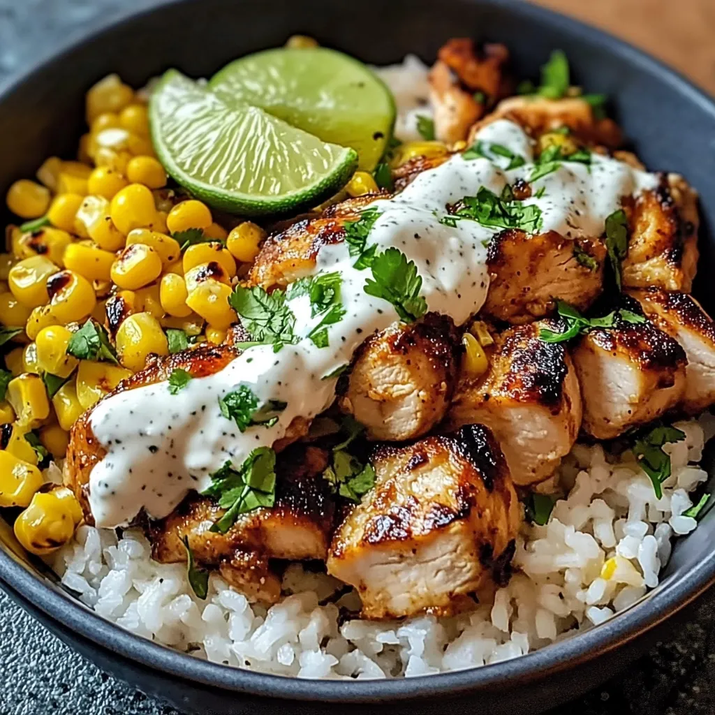 A bowl of food with rice, chicken, corn, and lime.