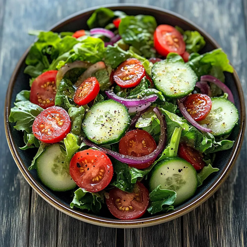 A bowl of garden salad with tomatoes, cucumbers, and onions.