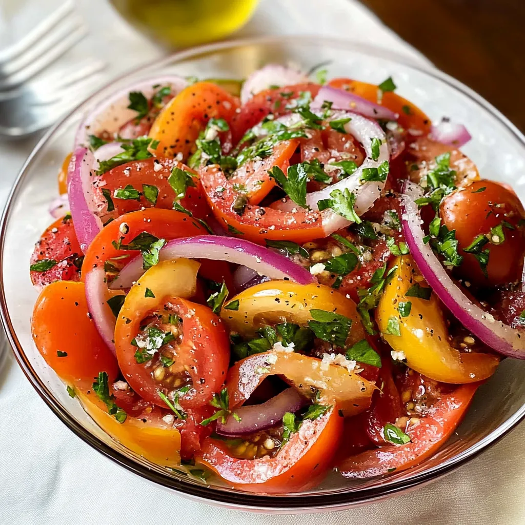 A bowl of tomato salad with onions and herbs.