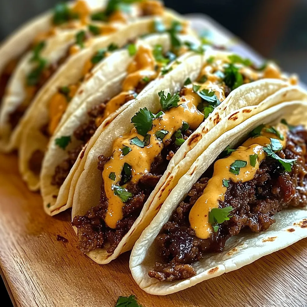 A plate of tacos with garlic butter and honey BBQ sauce.
