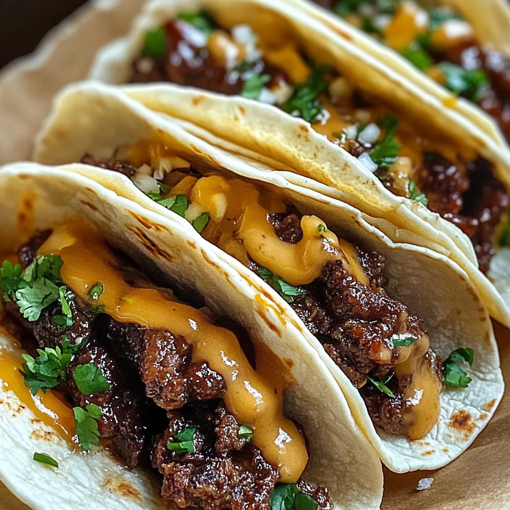 Three tacos with garlic butter and honey BBQ sauce.