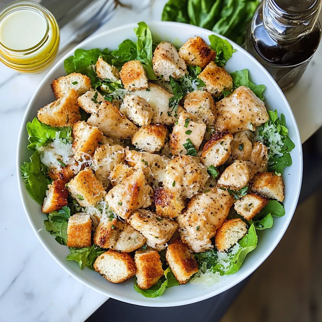 A bowl of chicken Caesar salad with homemade croutons.