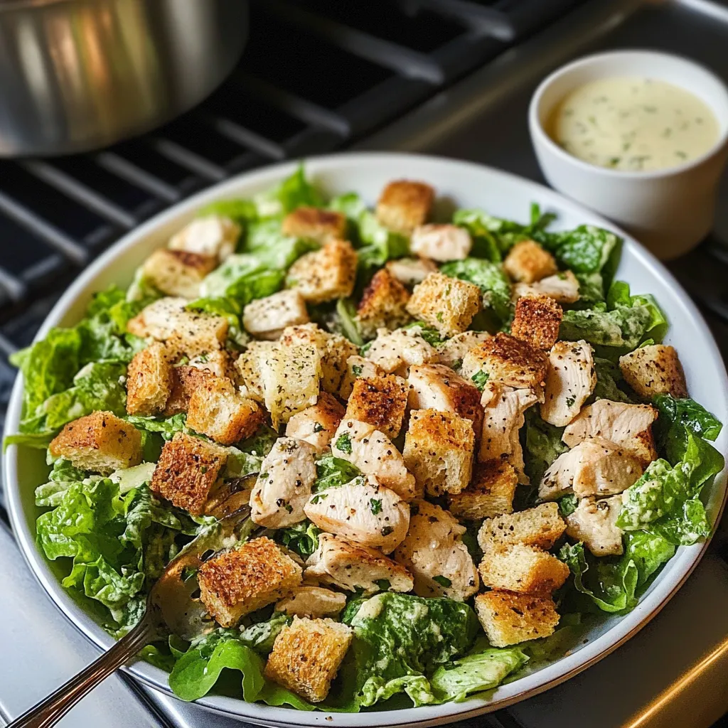 A plate of chicken Caesar salad with homemade croutons.