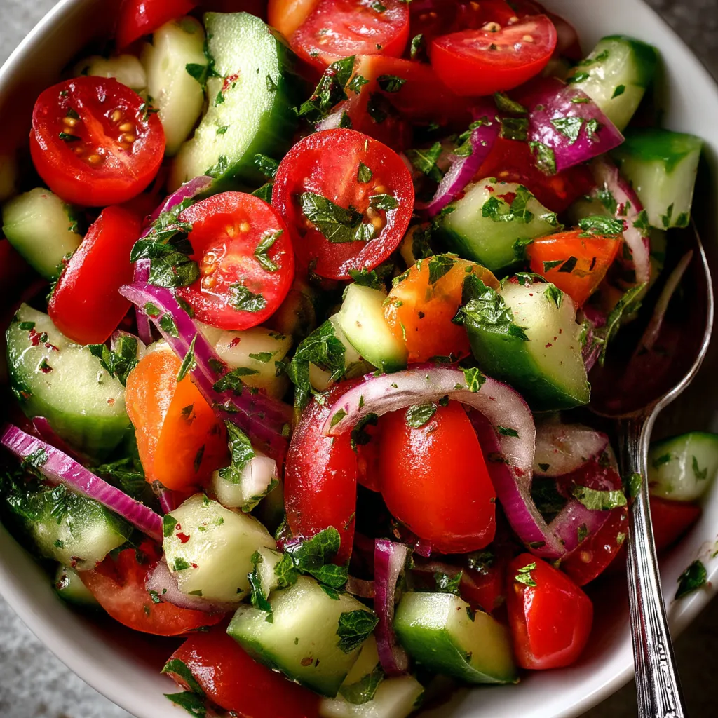 A bowl of cucumber tomato salad.