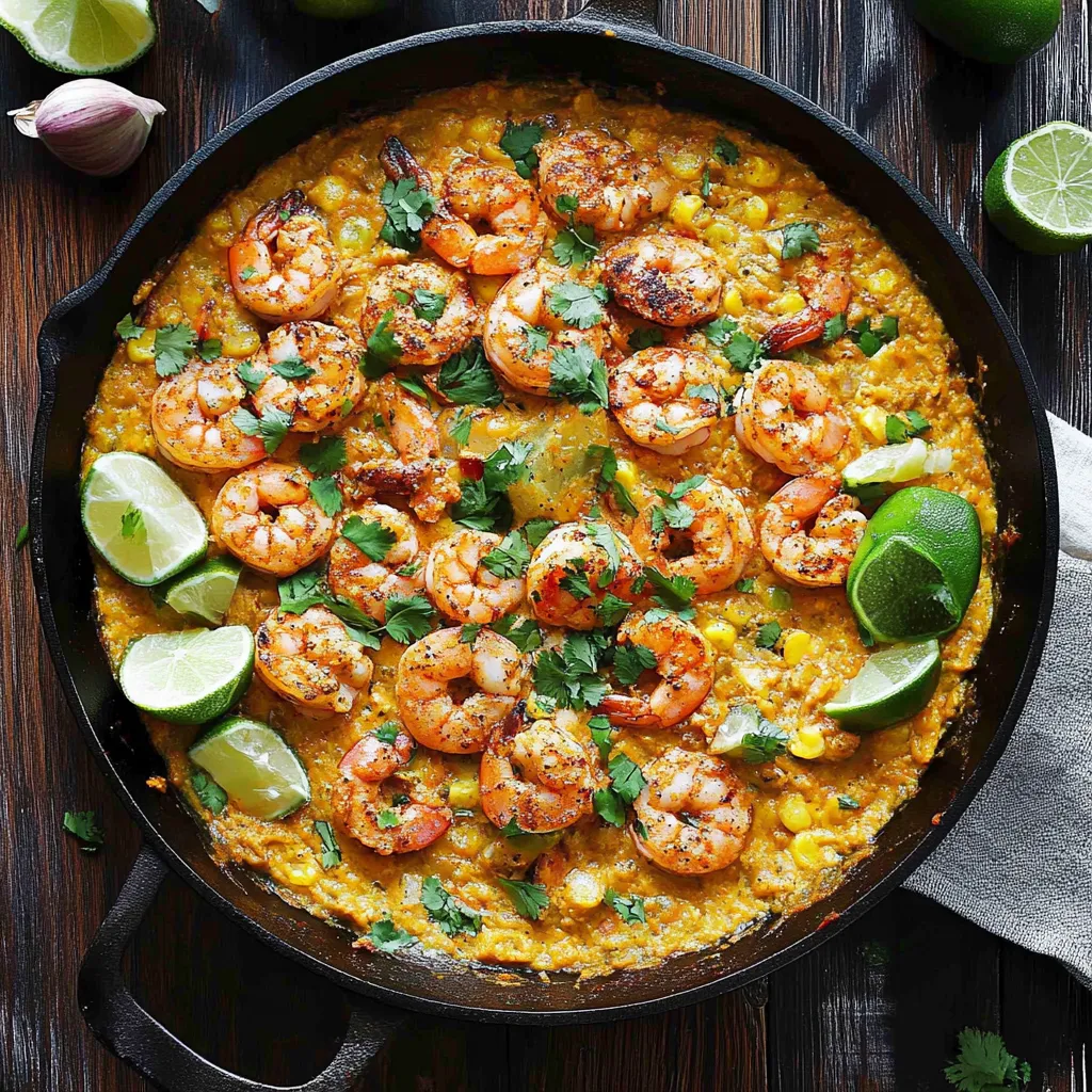 A pan of shrimp and creamed corn.