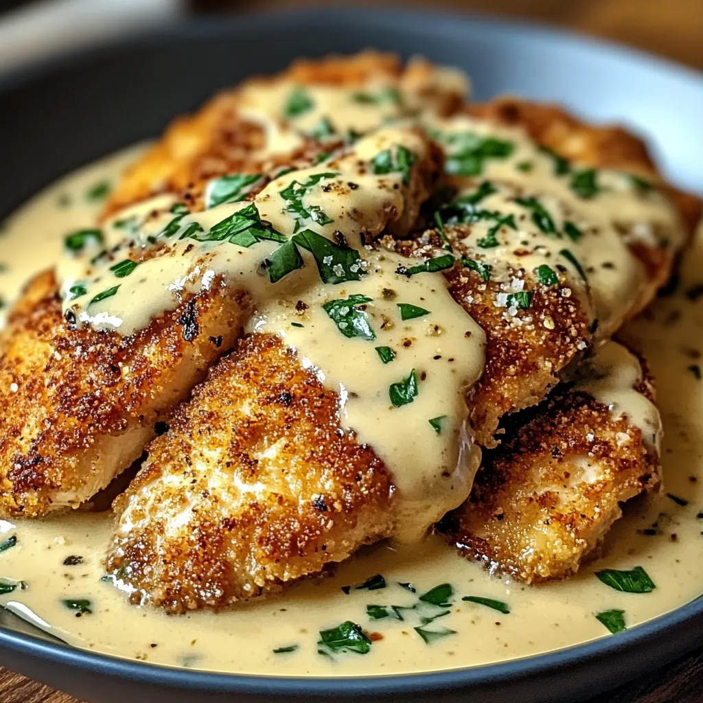 A plate of crispy Parmesan chicken with a rich garlic sauce.