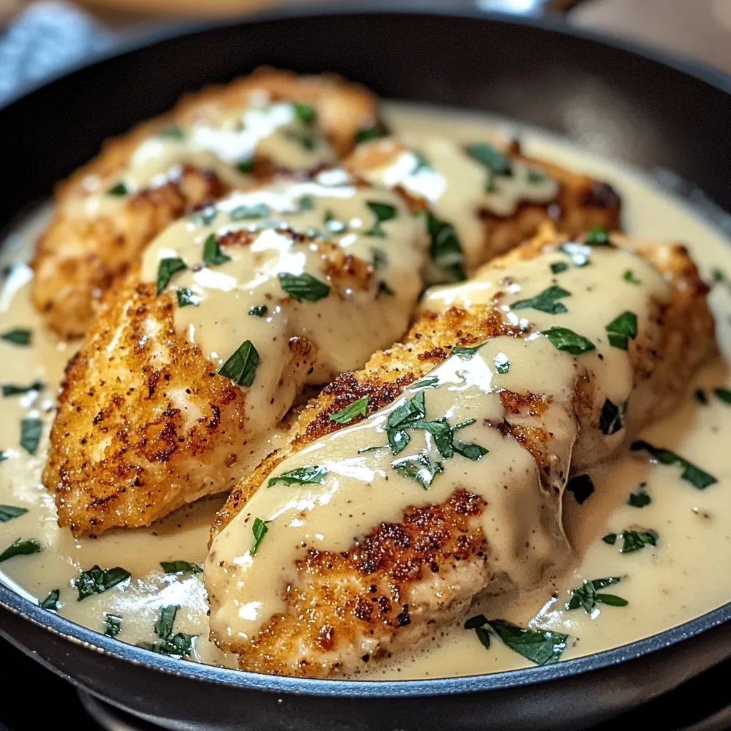 A pan of chicken with a garlic sauce.