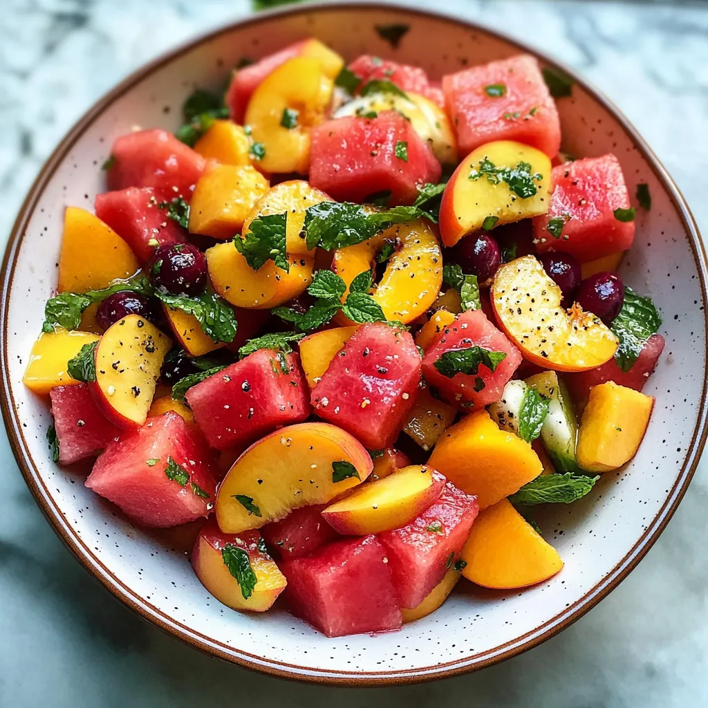A bowl of fruit salad with watermelon, peaches, and mint.