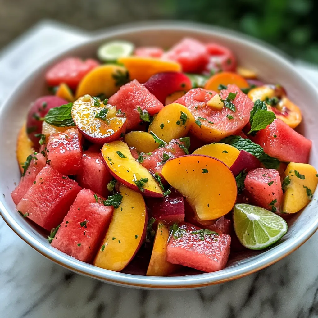 A bowl of fruit salad with watermelon, peaches, and limes.