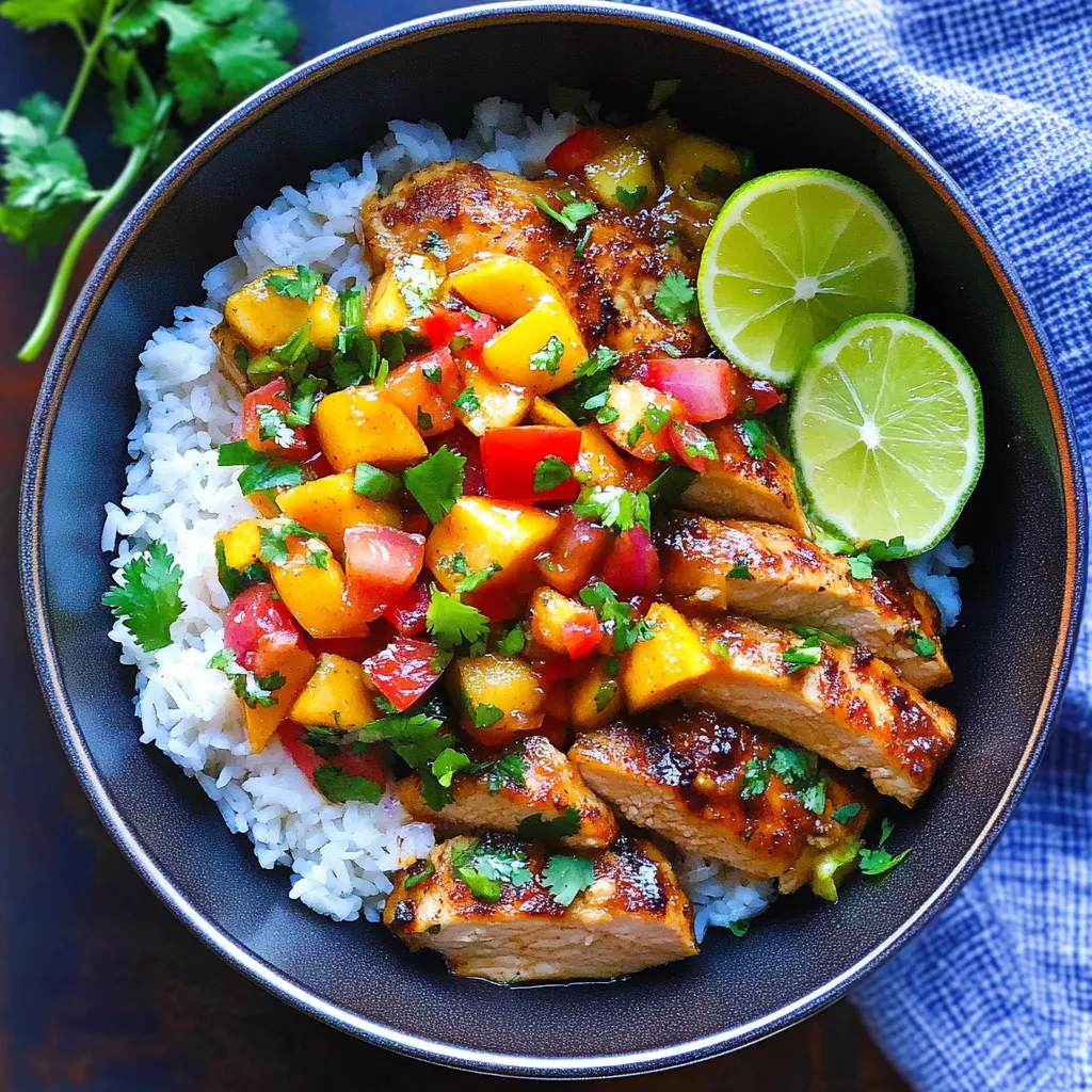 A bowl of chicken with peach salsa and cilantro lime.