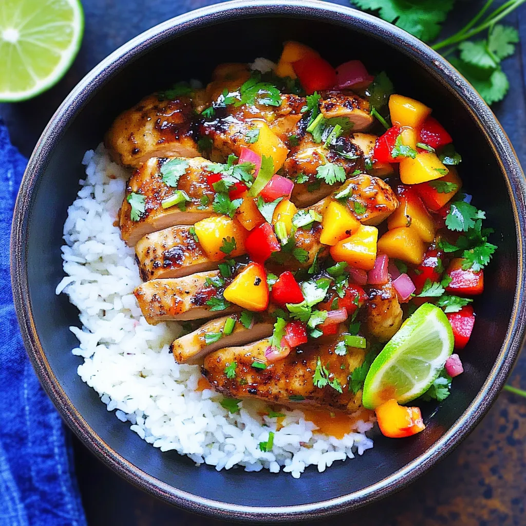 A bowl of chicken with peach salsa and cilantro lime.