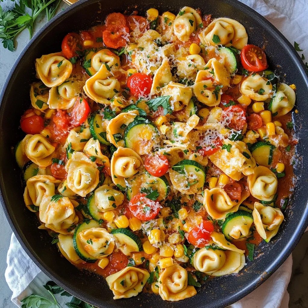 A bowl of pasta with tomatoes, corn, and zucchini.
