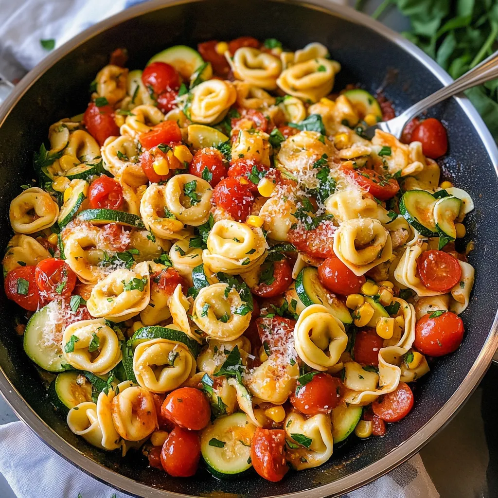 A bowl of pasta with tomatoes, zucchini, and corn.